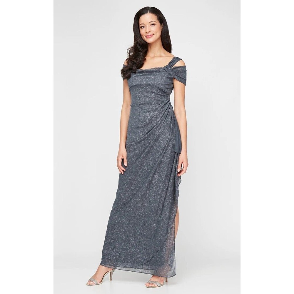 Alex Evenings Dress Womens Size 10 Gray Cold Shoulder Draped Metallic Gown